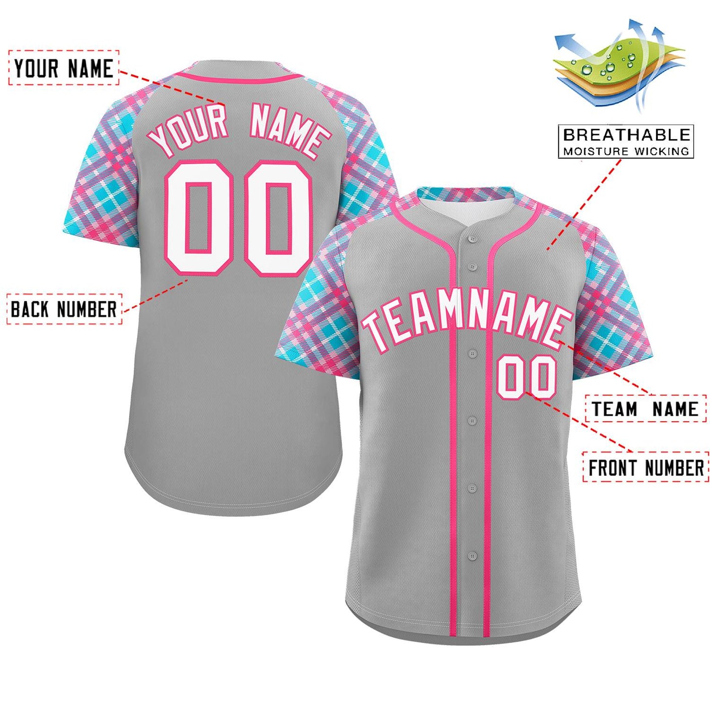 Custom Gray White-Pink Personalized Raglan Sleeves Authentic Baseball Jersey