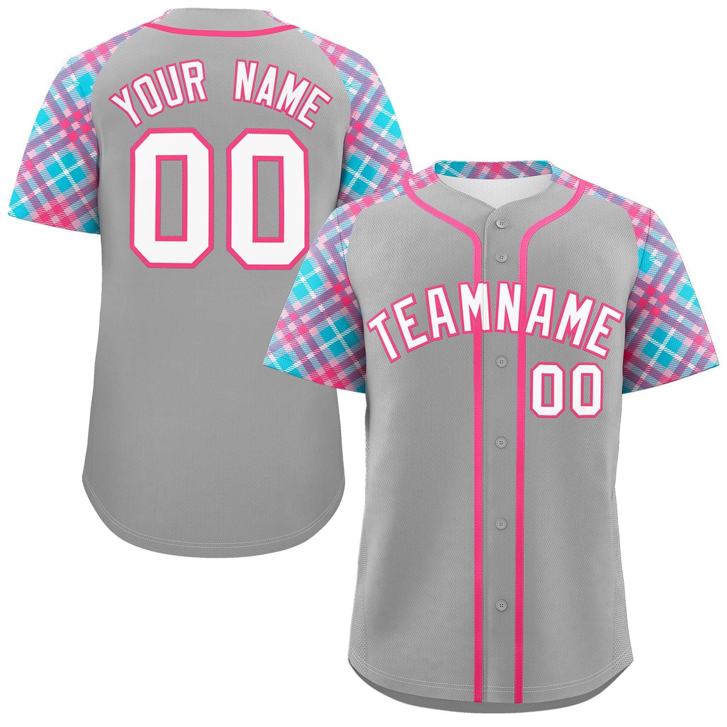 Custom Gray White-Pink Personalized Raglan Sleeves Authentic Baseball Jersey