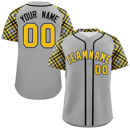 Custom Gray Gold-Black Personalized Raglan Sleeves Authentic Baseball Jersey