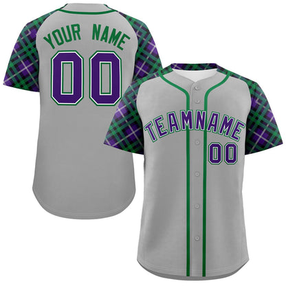 Custom Gray Purple-Teal Personalized Raglan Sleeves Authentic Baseball Jersey