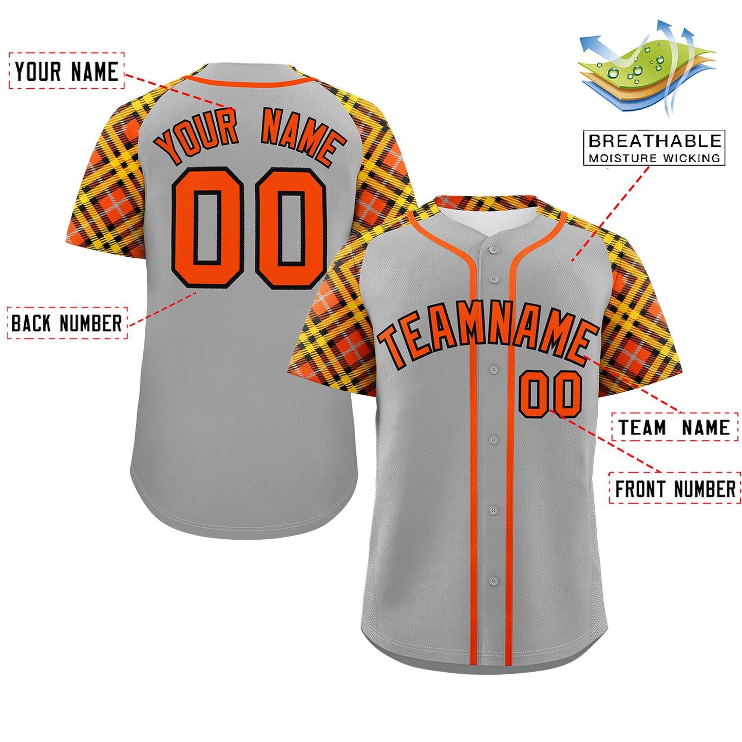 Custom Gray Orange-Black Personalized Raglan Sleeves Authentic Baseball Jersey