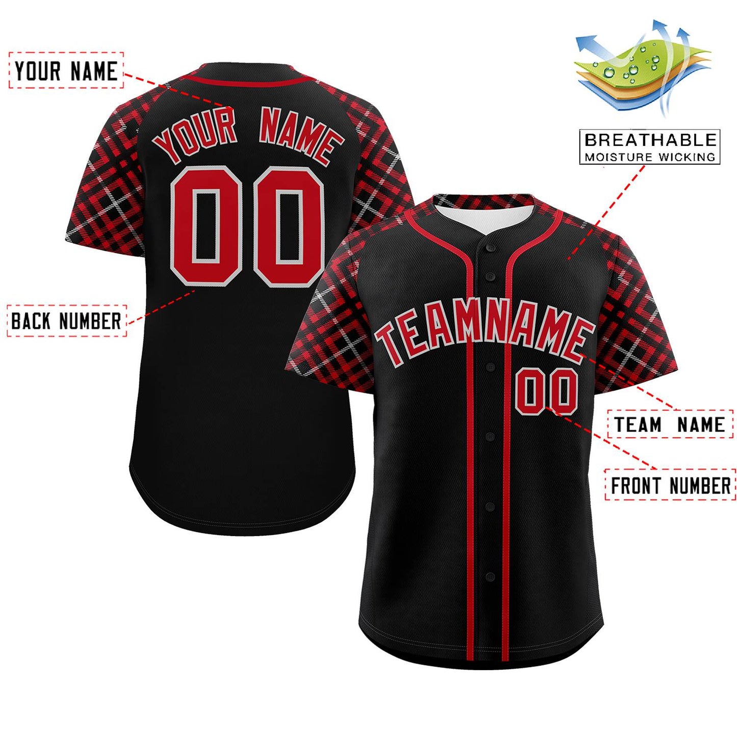 Custom Black Red-Gray Personalized Raglan Sleeves Authentic Baseball Jersey