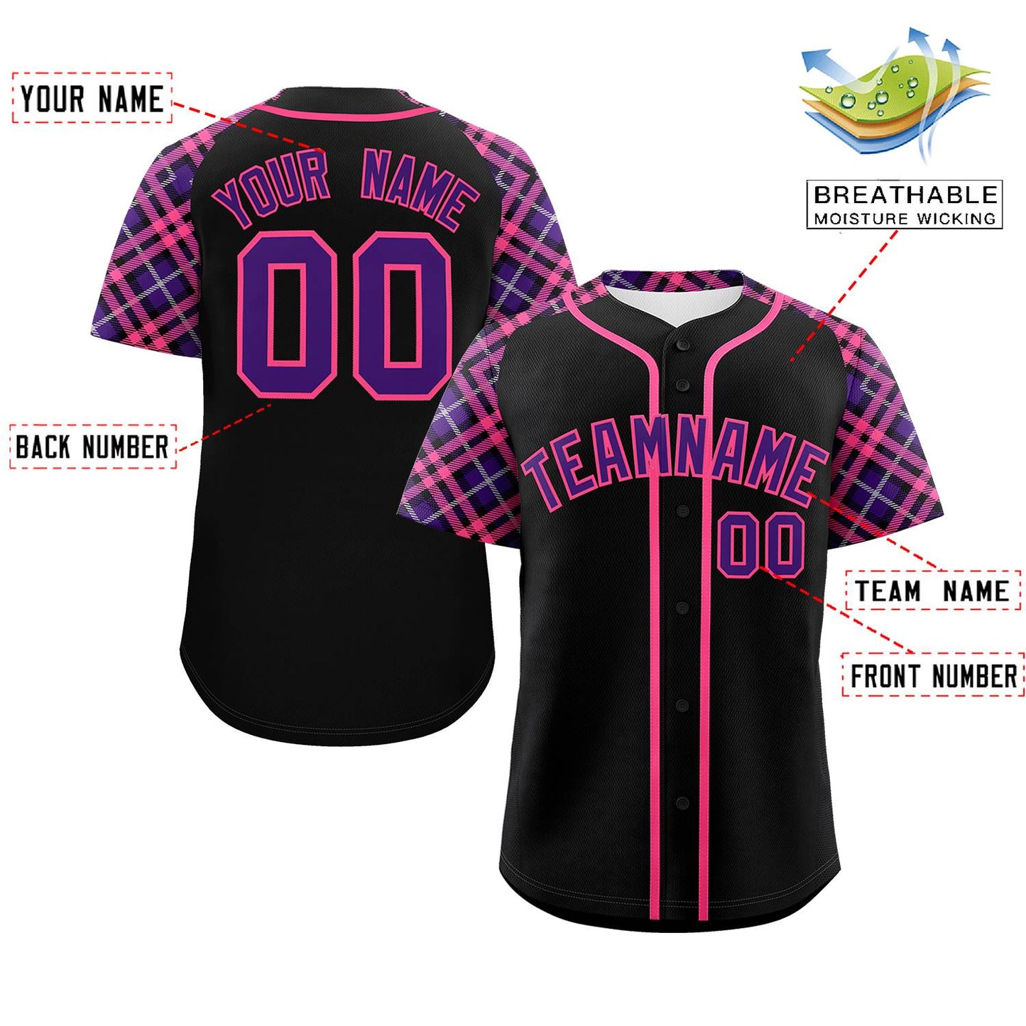 Custom Black Purple-Pink Personalized Raglan Sleeves Authentic Baseball Jersey