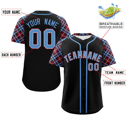 Custom Black Light Blue-Crimson Personalized Raglan Sleeves Authentic Baseball Jersey