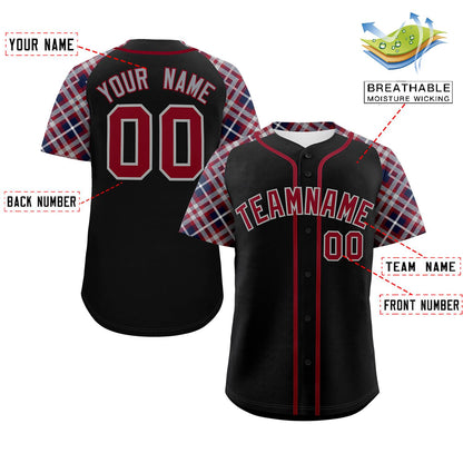 Custom Black Crimson-Dark Gray Personalized Raglan Sleeves Authentic Baseball Jersey