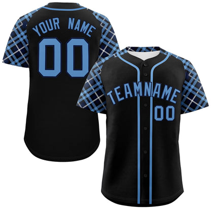 Custom Black Light Blue-Navy Personalized Raglan Sleeves Authentic Baseball Jersey