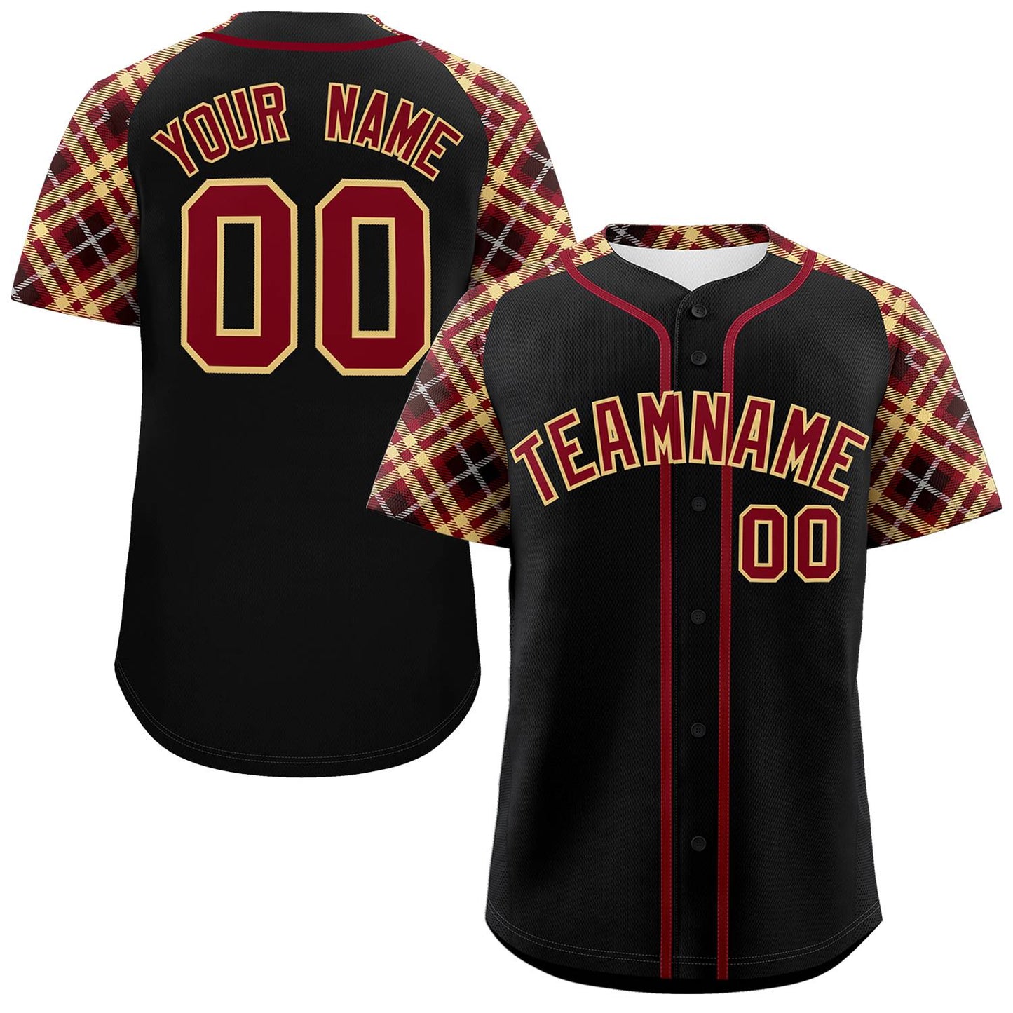 Custom Black Crimson-Old Gold Personalized Raglan Sleeves Authentic Baseball Jersey