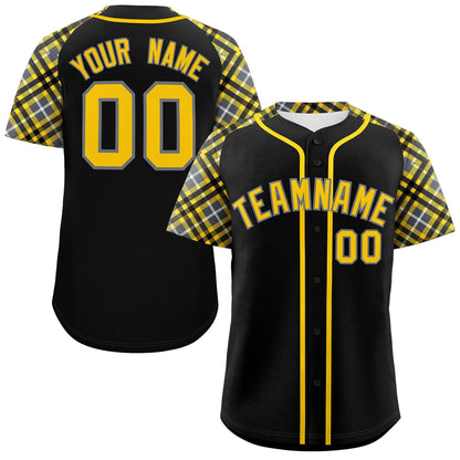 Custom Black Gold-Gray Personalized Raglan Sleeves Authentic Baseball Jersey