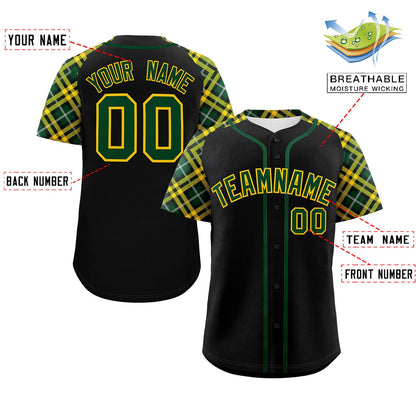 Custom Black Green-Gold Personalized Raglan Sleeves Authentic Baseball Jersey