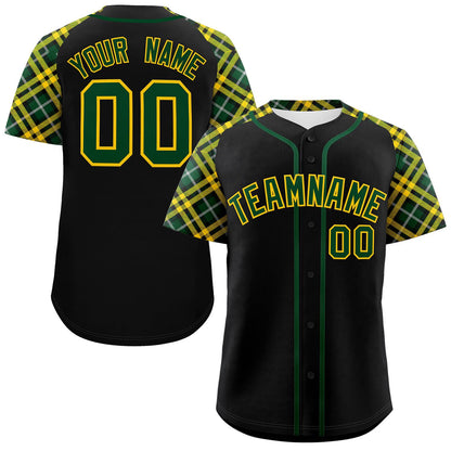 Custom Black Green-Gold Personalized Raglan Sleeves Authentic Baseball Jersey