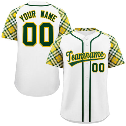 Custom White Green-Gold Personalized Raglan Sleeves Authentic Baseball Jersey