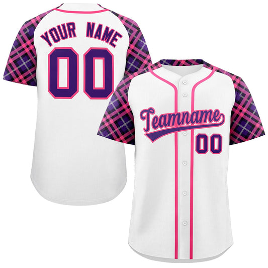 Custom White Purple-Pink Personalized Raglan Sleeves Authentic Baseball Jersey