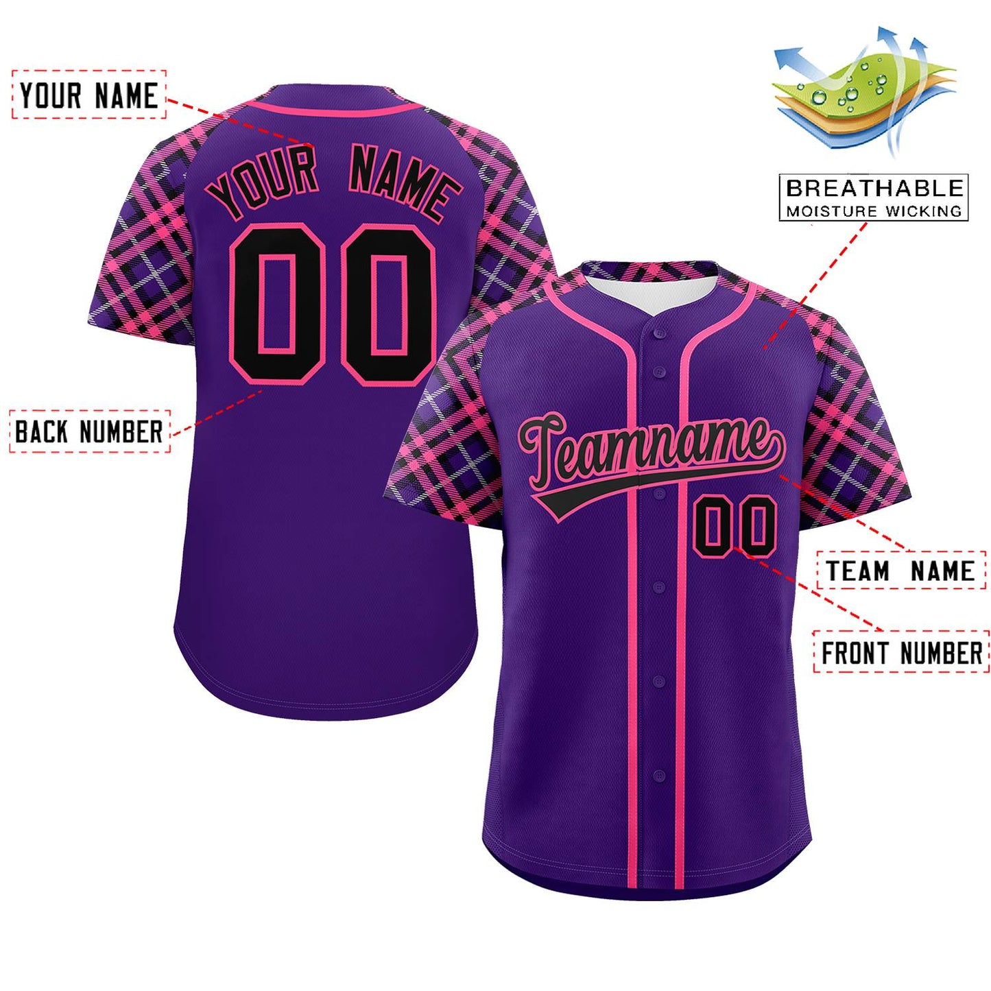 Custom Purple Black-Pink Personalized Raglan Sleeves Authentic Baseball Jersey