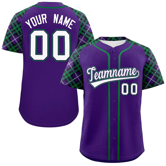 Custom Purple White-Kelly Green Personalized Raglan Sleeves Authentic Baseball Jersey