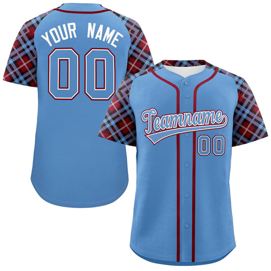 Custom Light Blue-Crimson Personalized Raglan Sleeves Authentic Baseball Jersey