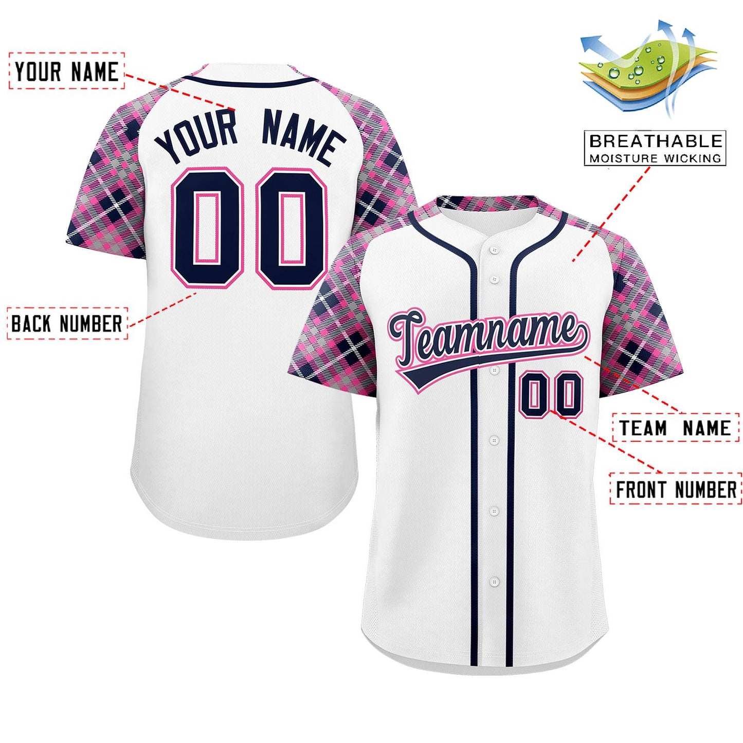 Custom White Navy-Pink Personalized Raglan Sleeves Authentic Baseball Jersey