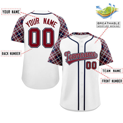 Custom White Crimson-Navy Personalized Raglan Sleeves Authentic Baseball Jersey