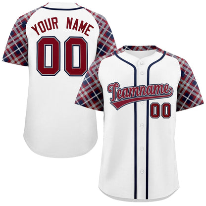 Custom White Crimson-Navy Personalized Raglan Sleeves Authentic Baseball Jersey