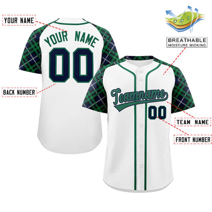 Custom White Kelly Green-Navy Personalized Raglan Sleeves Authentic Baseball Jersey