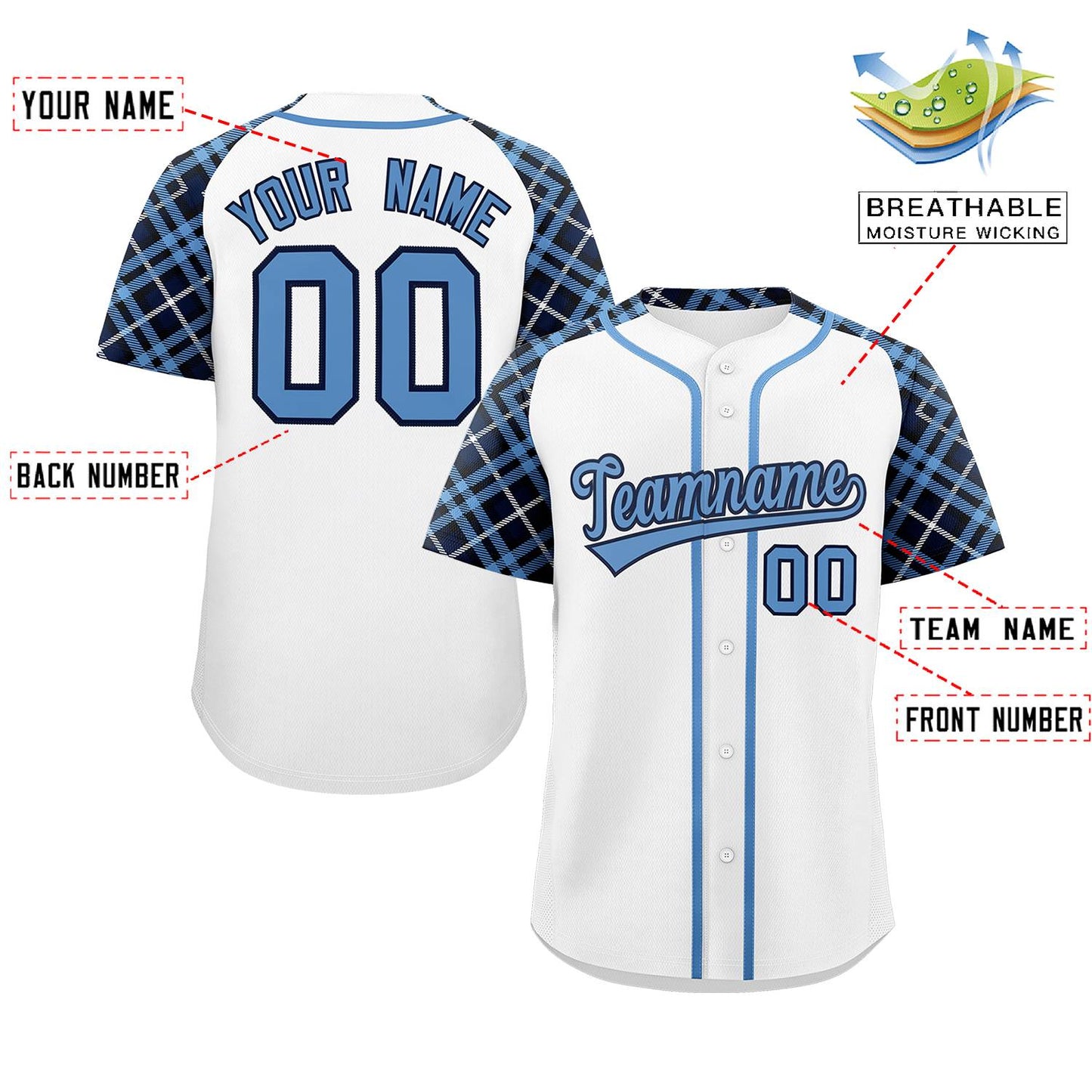 Custom White Light Blue-Navy Personalized Raglan Sleeves Authentic Baseball Jersey