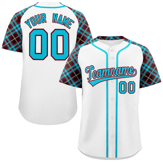 Custom White Sky Blue-Crimson Personalized Raglan Sleeves Authentic Baseball Jersey