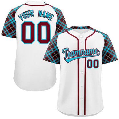 Custom White Sky Blue-Crimson Personalized Raglan Sleeves Authentic Baseball Jersey