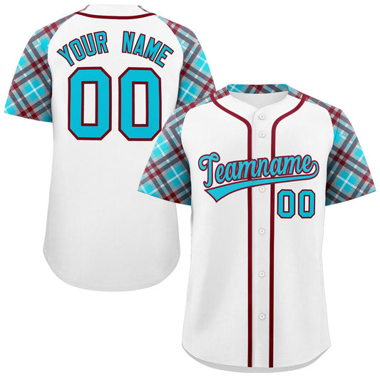 Custom White Sky Blue-Crimson Personalized Raglan Sleeves Authentic Baseball Jersey