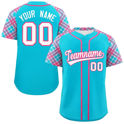 Custom Sky Blue White-Pink Personalized Raglan Sleeves Authentic Baseball Jersey