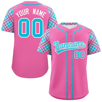 Custom Pink Sky Blue-White Personalized Raglan Sleeves Authentic Baseball Jersey