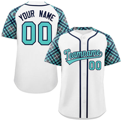 Custom White Bright Green-Navy Personalized Raglan Sleeves Authentic Baseball Jersey