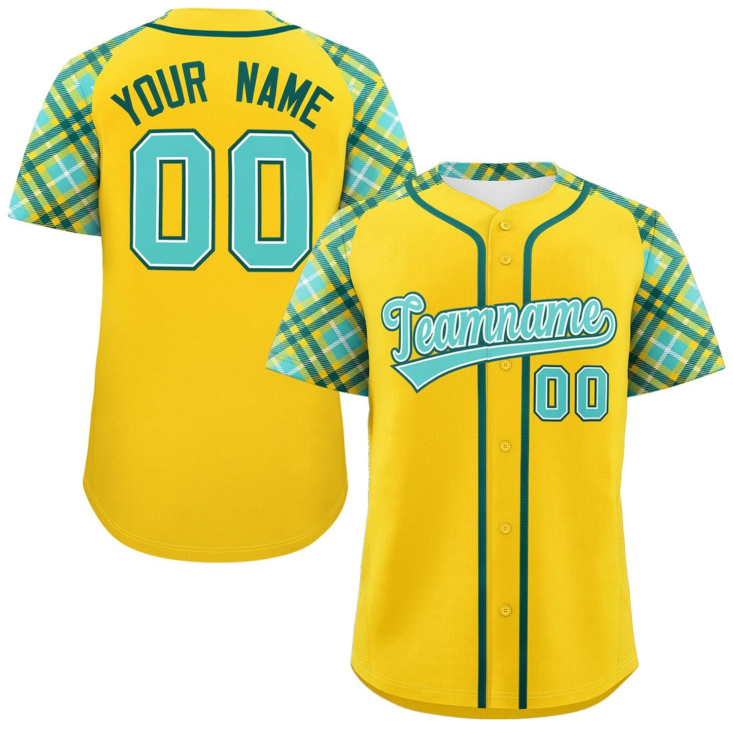 Custom Gold Bright Green-Midnight Green Personalized Raglan Sleeves Authentic Baseball Jersey