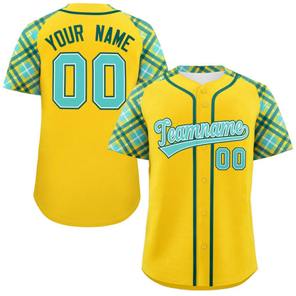 Custom Gold Bright Green-Midnight Green Personalized Raglan Sleeves Authentic Baseball Jersey