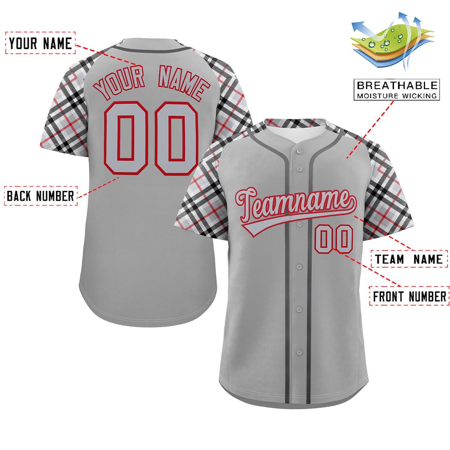 Custom Gray Gray-Red Personalized Raglan Sleeves Authentic Baseball Jersey