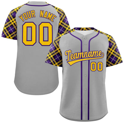 Custom Gray Gold-Purple Personalized Raglan Sleeves Authentic Baseball Jersey