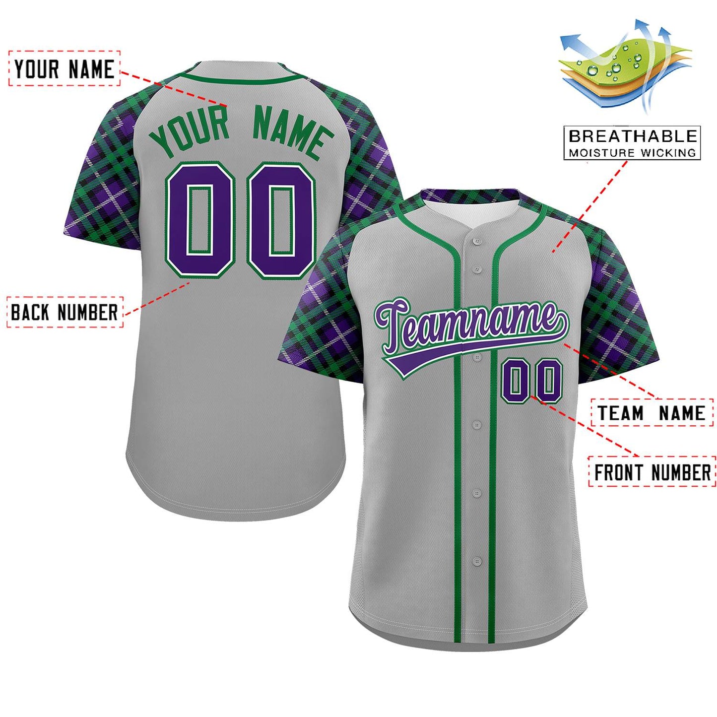 Custom Gray Purple-Kelly Green Personalized Raglan Sleeves Authentic Baseball Jersey