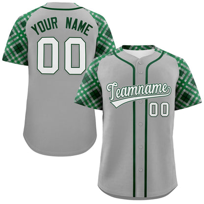 Custom Gray White-Kelly Green Personalized Raglan Sleeves Authentic Baseball Jersey