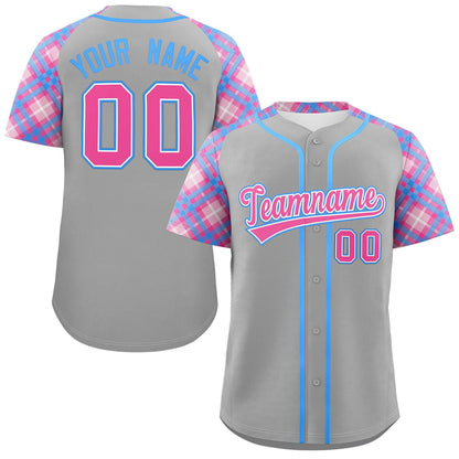 Custom Gray Pink-Light Blue Personalized Raglan Sleeves Authentic Baseball Jersey