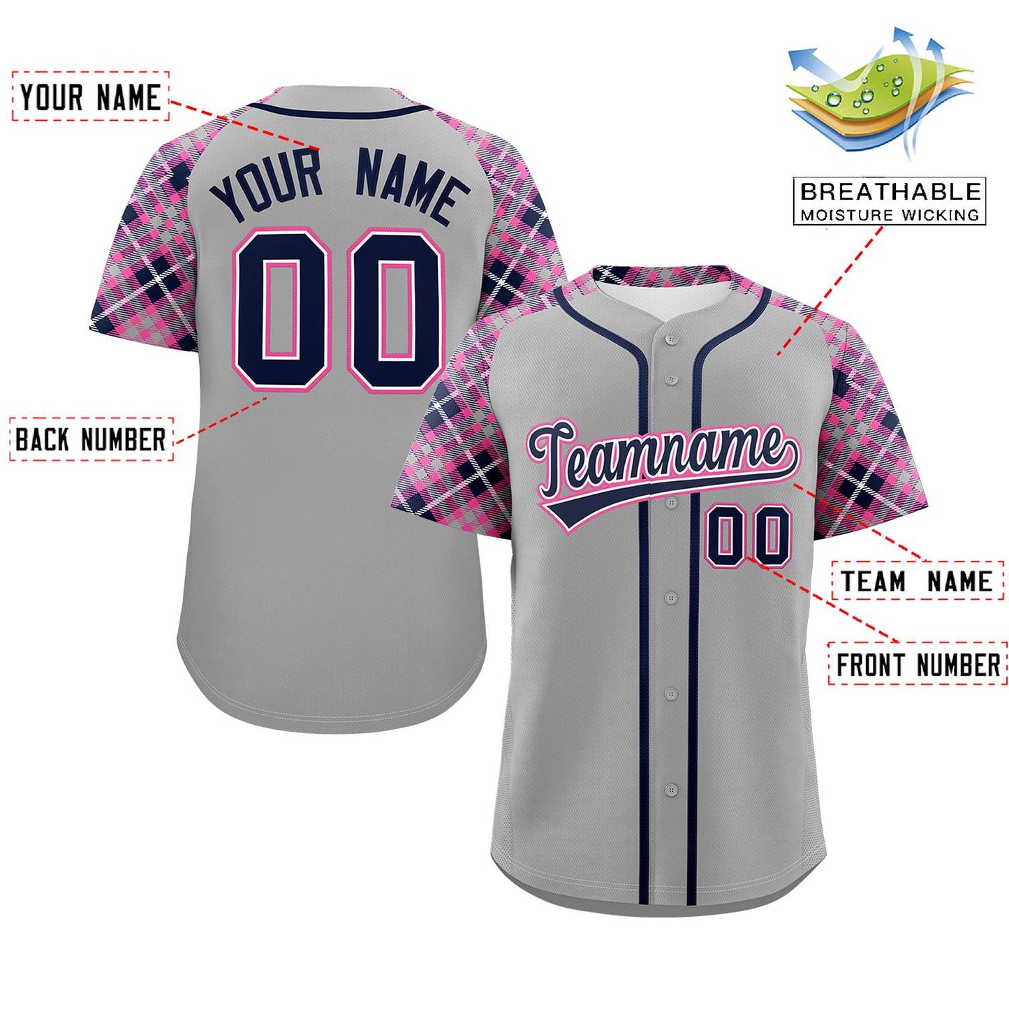 Custom Gray Navy-Pink Personalized Raglan Sleeves Authentic Baseball Jersey