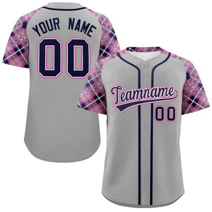 Custom Gray Navy-Pink Personalized Raglan Sleeves Authentic Baseball Jersey