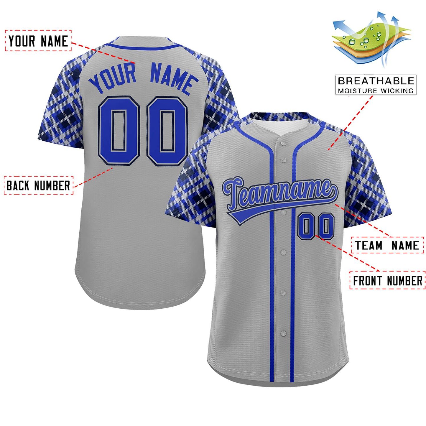 Custom Gray Royal-Navy Personalized Raglan Sleeves Authentic Baseball Jersey