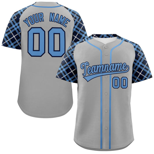 Custom Gray Light Blue-Navy Personalized Raglan Sleeves Authentic Baseball Jersey