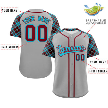 Custom Gray Sky Blue-Crimson Personalized Raglan Sleeves Authentic Baseball Jersey