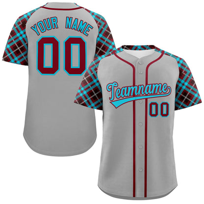 Custom Gray Sky Blue-Crimson Personalized Raglan Sleeves Authentic Baseball Jersey