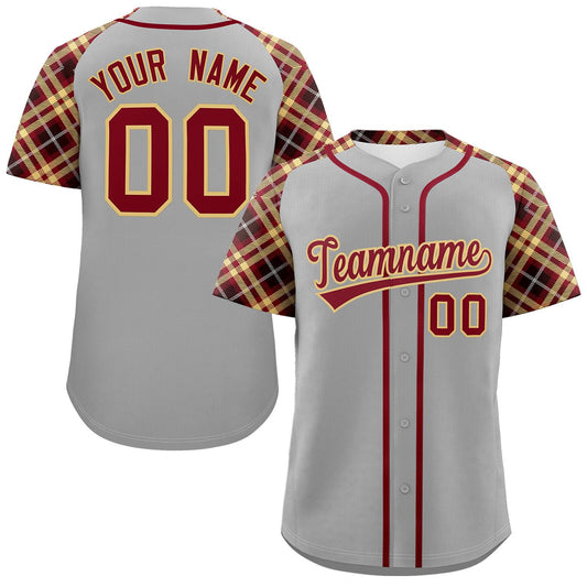 Custom Gray Red-Khaki Personalized Raglan Sleeves Authentic Baseball Jersey