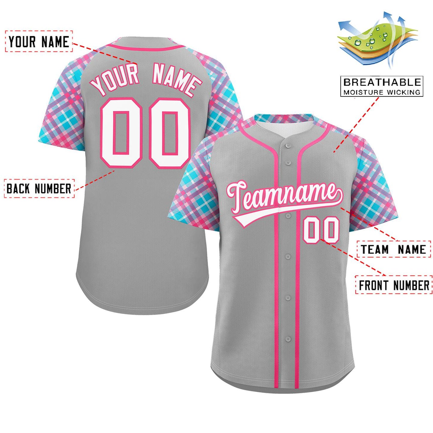 Custom Gray White-Pink Personalized Raglan Sleeves Authentic Baseball Jersey