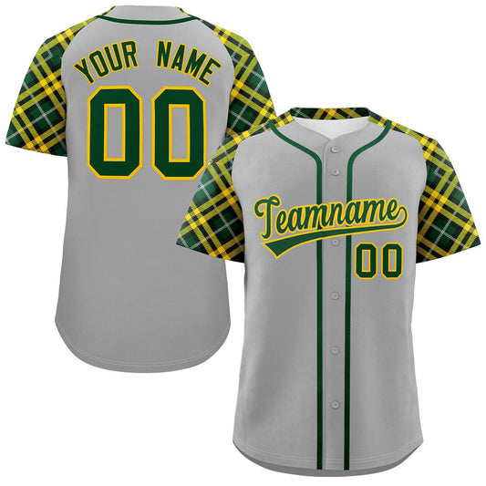 Custom Gray Green-Gold Personalized Raglan Sleeves Authentic Baseball Jersey