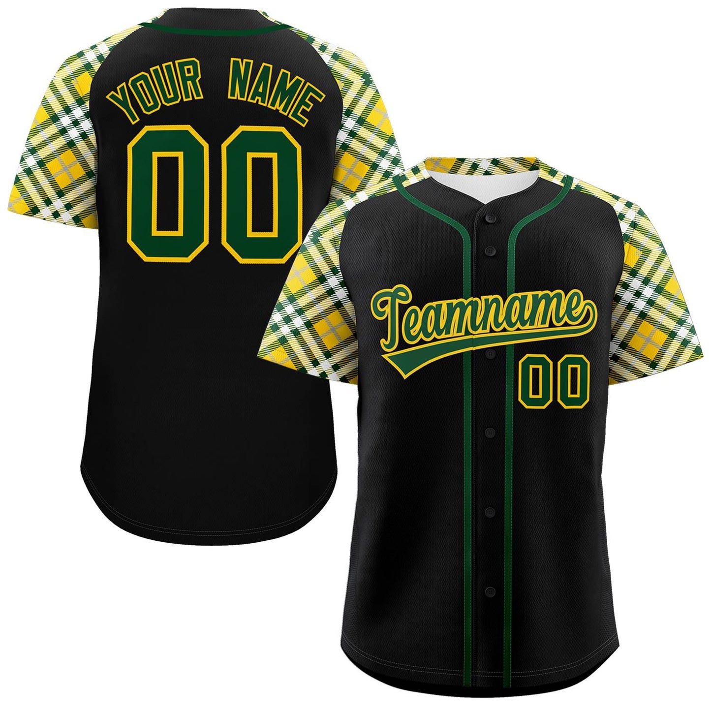 Custom Black Green-Gold Personalized Raglan Sleeves Authentic Baseball Jersey