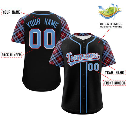 Custom Black Light Blue-Crimson Personalized Raglan Sleeves Authentic Baseball Jersey