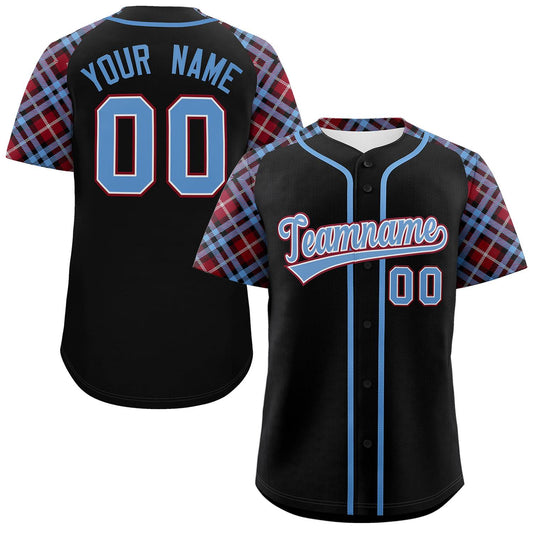 Custom Black Light Blue-Crimson Personalized Raglan Sleeves Authentic Baseball Jersey