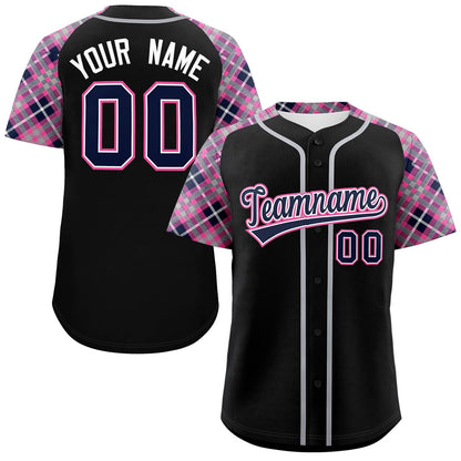 Custom Black Navy-Pink Personalized Raglan Sleeves Authentic Baseball Jersey